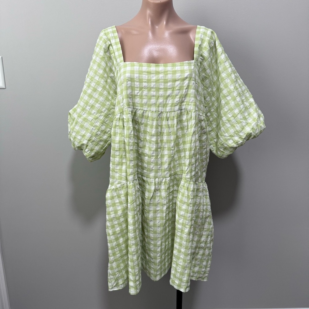 Lush Gingham Plaid Green Spring Dress Easter Jacquard Balloon Sleeve Large Lime - Picture 3 of 9